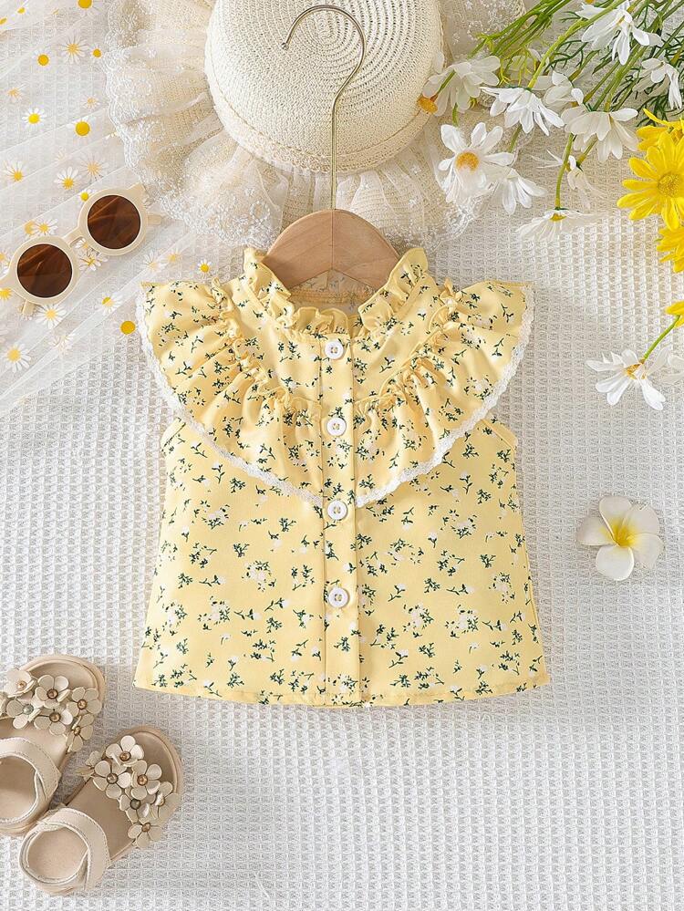 Baby Girl Lovely Ditsy Floral Ruffle Edge Top For Summer
