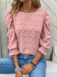EMERY ROSE Jacquard Blouse With Ruffled Hem,Three Quarter Sleeve Tops