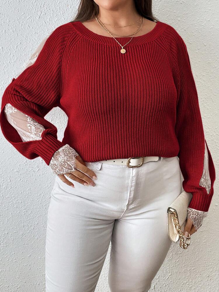 Plus Size Lace Splicing Hollow Out Raglan Sleeve Sweater
