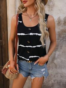 SHEIN LUNE Women's Black & White Tie Dye Festival Button Decorated Tank Top For Summer - Black and White - View 6