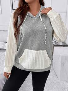 SHEIN LUNE Plus Size Colorblock Hooded Sweatshirt With Drawstring - Light Grey - View 7