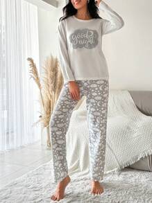 EURMUSE 标语图案 T 恤和蛇皮印花裤睡衣套装白色套装 - 白色 - 查看 4