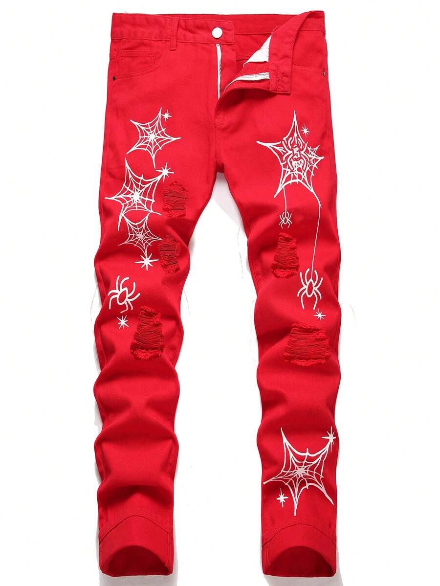 Quần jeans rách in hình mạng nhện dành cho nam, dành cho lễ Halloween - Đỏ - Xem 1