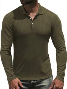 NITAGUT 男士休閒長袖 Polo 衫 - 軍綠色 - 查看 3