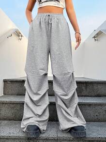 SHEIN EZwear Pantalones Deportivos De Pierna Ancha Plisados Para Mujer - Gris - Ver 1