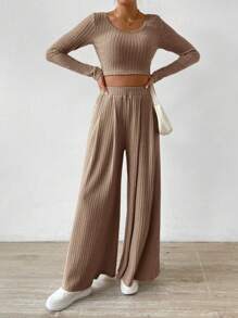 Almamuse Women's Crop Top And Loose Pants Set With Ribbed Design Fall Cloth For Women - Brown - View 6
