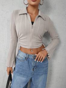 INAWLY Zipper Front Drawstring Shortened T-Shirt With Side Cutout - Khaki - View 7