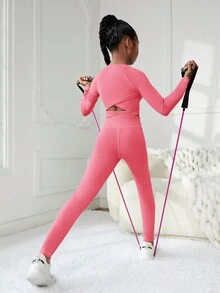 SHEIN Tween女孩中空後背圓領拉格蘭袖t恤和長褲運動套裝 - 玫紅色 - 查看 7