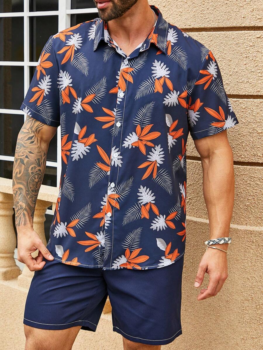 Manfinity RSRT 男士加大尺碼植物印花恤衫和純色短褲套裝