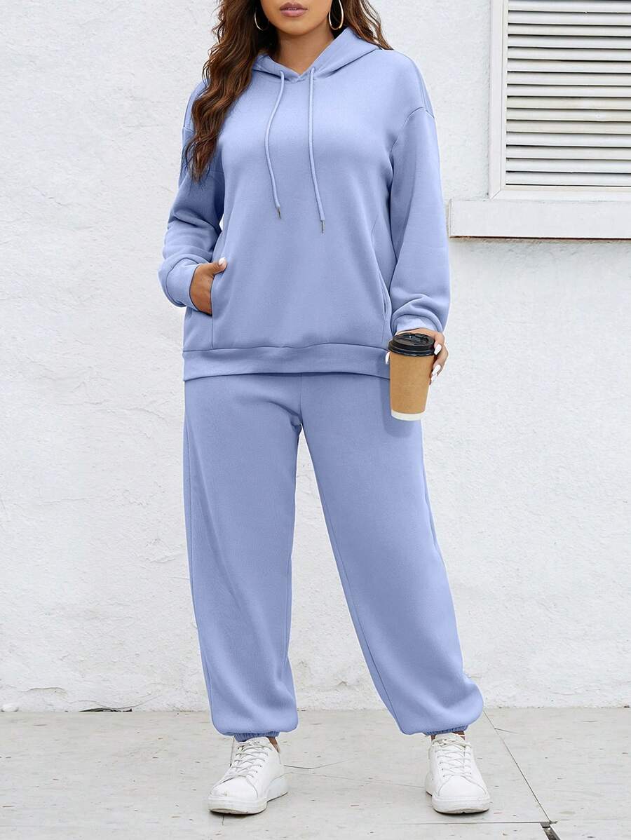 SHEIN Essnce Plus Áo hoodie dây rút trễ vai & quần thể thao - Màu xanh nhạt - Xem 1