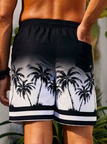 Surfspeed Men's Gradient Color Beach Shorts With Coconut Tree Prints, Graphic Pool Shorts For Beach, Vacation,Hawaiian - Black and White - View 2