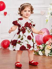 SHEIN Vestido con cinturón de manga corta con estampado de flores de rosa vintage para niñas bebé - Blanco - Ver 3