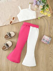 SHEIN 3 件套休闲可爱花朵贴花女婴背心上衣和喇叭裤套装配腰带，非常适合户外穿着 - 彩色 - 查看 2