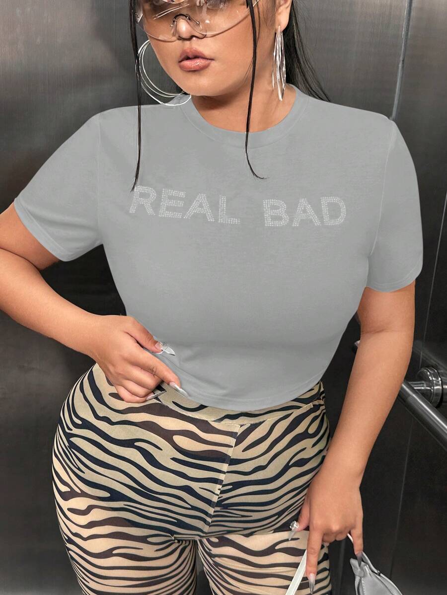 SHEIN SXY 大尺碼印有字母的t卹 - 淺灰色 - 查看 1