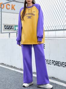 Gameset SHEIN Sport Women'S Letter Print Raglan Sleeve Top And Joggers Sports Suit - Purple - View 4