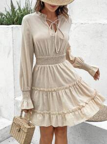 SHEIN Frenchy Tied Neckline & Ruffled Trim Decorated Shirred Panel Dress Winter Casual - Apricot - View 4