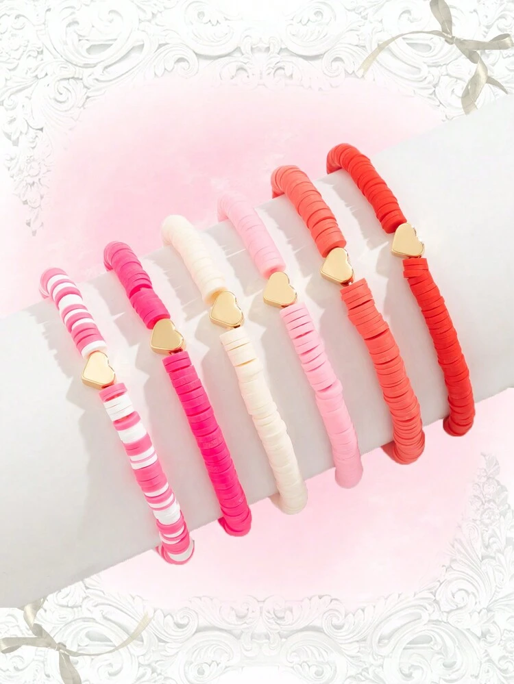 6pcs Sweet & Cute Heart Shaped Beaded Soft Clay Bracelet Set For Women, Ideal For Daily Wear, Friends' Gathering And Valentine's Day Gift (Bracelet+Card)