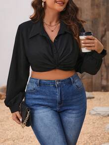 Calvaya Plus Size Women'S Cropped Twisted Hem Shirt - Black - View 3