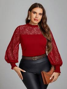 SHEIN Clasi Plus Size Women's Lace Patchwork Top - Red - View 4