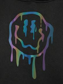 SHEIN EZwear Women's Reflective Smiling Face Printed Hoodie Sweatshirt - Black - View 5