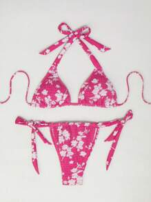 SHEIN Swim Random Printed Padded Bikini Set Summer - Hot Pink - View 5