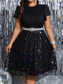 SHEIN BAE 大尺碼雙層喇叭袖波點網狀蓋邊裙,無腰帶設計 - 黑色 - 查看 1