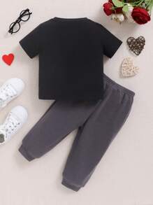 SHEIN Em bé Con trai Lá thư In Ngắn tay Vòng cổ Áo Và Quần có chân Bộ - màu đen - Xem 4