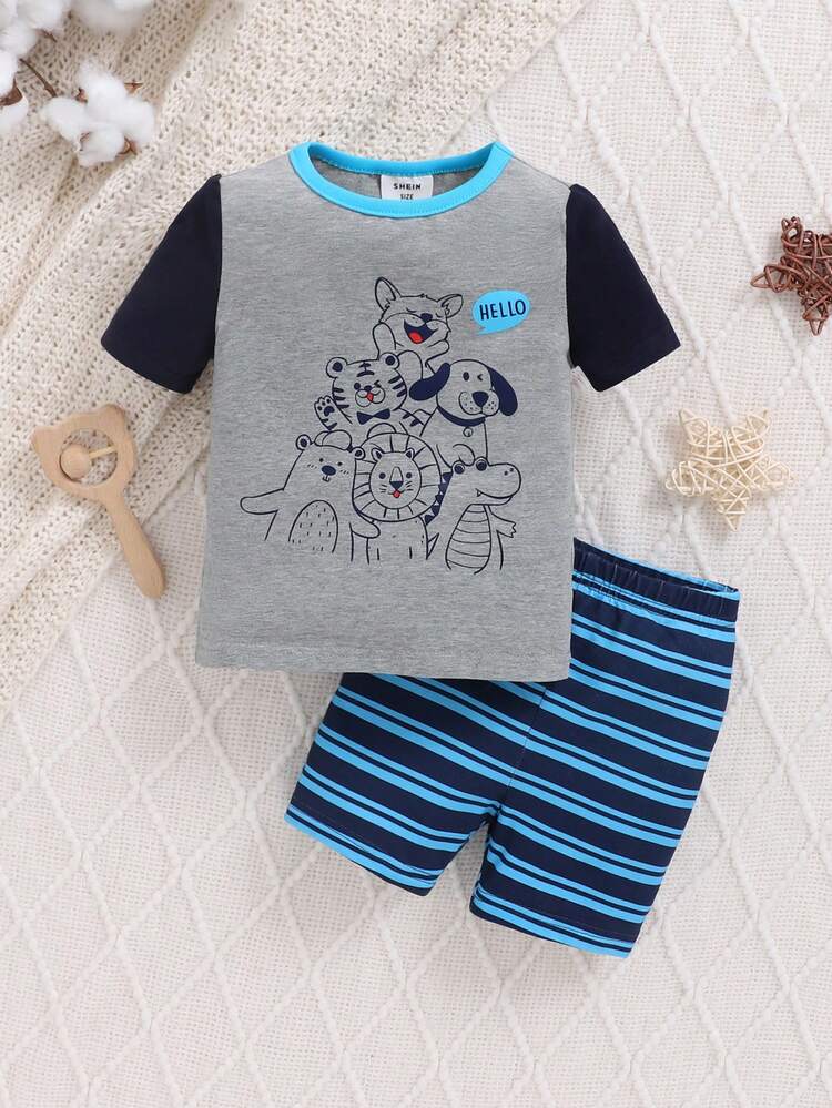 Baby Boys' Fun Animal Sketch Pattern Color Block Raglan Sleeve Top And Stripe Shorts Set