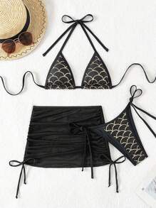 SHEIN Swim 女士美人鱼鳞片印花挂脖式比基尼套装夏季海滩 - 黑色 - 查看 7