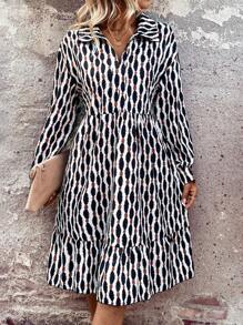 SHEIN LUNE Full Printed Long Sleeve Casual Dress - Black - View 3