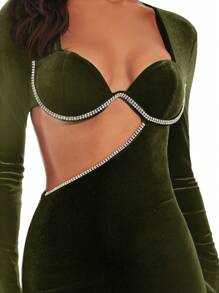 SHEIN BAE Women's Hollow Out Dress With Rhinestone Decoration - Army Green - View 7