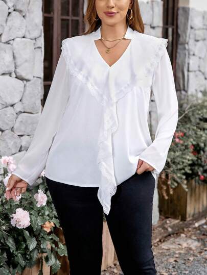 SHEIN Clasi Plus Size Women's Ruffle Trim Notched-Neckline Shirt