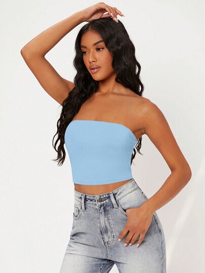 SHEIN BASICS Women's Solid Color Cropped Strapless Top