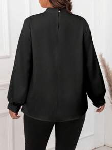 Celure Camisa De Manga Larga De Diseño Con Pliegues Para Mujer De Talla Grande - Negro - Ver 2