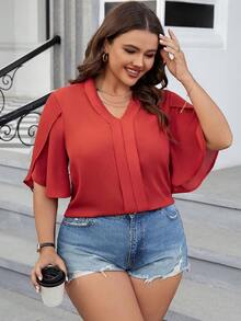 Calvaya 大尺碼純色內縮袖襯衫 - 橘色 - 查看 4