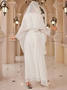 Women's Long Sleeve Elegant Sparkly Dress With Matching Headscarf Modest Kaftan Arabian Dress - White - View 3