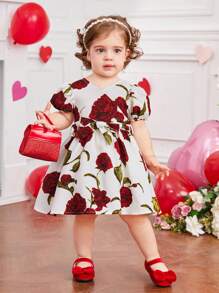 SHEIN Vestido con cinturón de manga corta con estampado de flores de rosa vintage para niñas bebé - Blanco - Ver 2