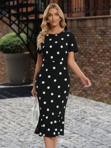 SHEIN Clasi Polka Dot Printed Dress With Ruffled Hem - Black and White - View 5