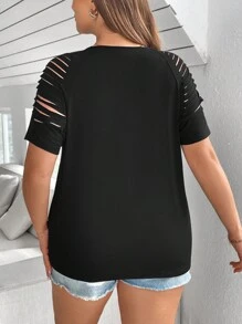 SHEIN LUNE Kích thước lớn Sọc In Sao Xu hướng: Cắt giảm Áo thun - màu đen - Xem 2