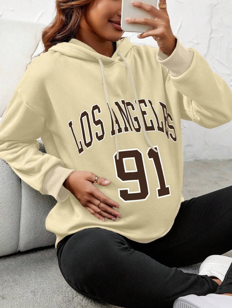 SHEIN 孕妇字母印花落肩抽绳连帽运动衫，适合冬季 - 杏色 - 查看 1