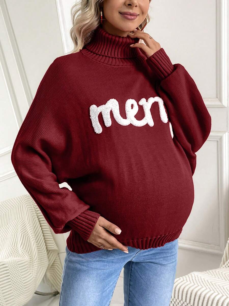SHEIN Maternity High Neck Sweatshirt With Letter Print, For Winter - Burgundy - View 1