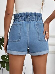 SHEIN Maternity Paper Bag Waist, Side Pockets And Front Button Design Denim Shorts