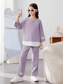 SHEIN 青少女休閒針織拼接圓領短袖上衣套裝 - 淺灰紫 - 查看 6