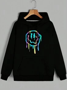 SHEIN EZwear Women's Reflective Smiling Face Printed Hoodie Sweatshirt - Black - View 1