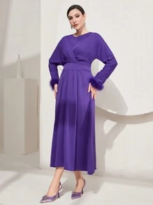 Modelyn Women'S Round Neck Plush Trim Patchwork Folded Dress