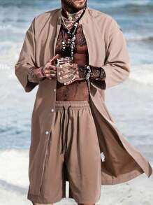 Genlund Bộ quần áo thun trơn màu trơn thoải mái đi nghỉ mát rộng rãi cho nam, quà tặng bạn trai - Màu nâu  Mocha - Xem 1