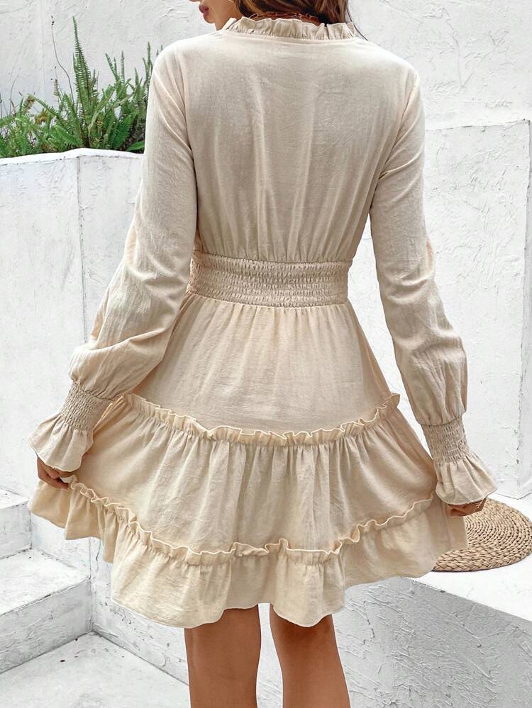 Tied Neckline & Ruffled Trim Decorated Shirred Panel Dress Winter Casual