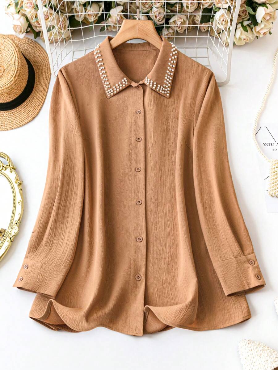 SHEIN LUNE Kích thước lớn Của phụ nữ Dệt kim Trang trí Vòng cổ Tay áo dài Áo sơ mi - Màu Khaki - Xem 1