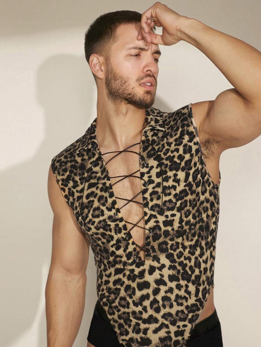 FeverCity 男士豹紋印花綁帶連體衣