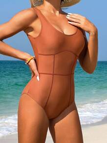 SHEIN Swim 女士纯色连体泳衣，撞色缝线，嘉年华夏季 - 棕色 - 查看 3